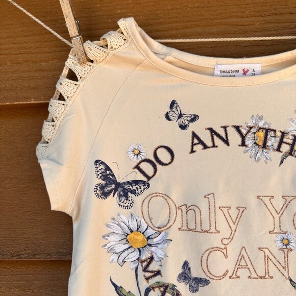 Beautees Girls Cream Top With Lace Sleeves & Embroidered Floral Butterfly Design - Picture 5 of 12